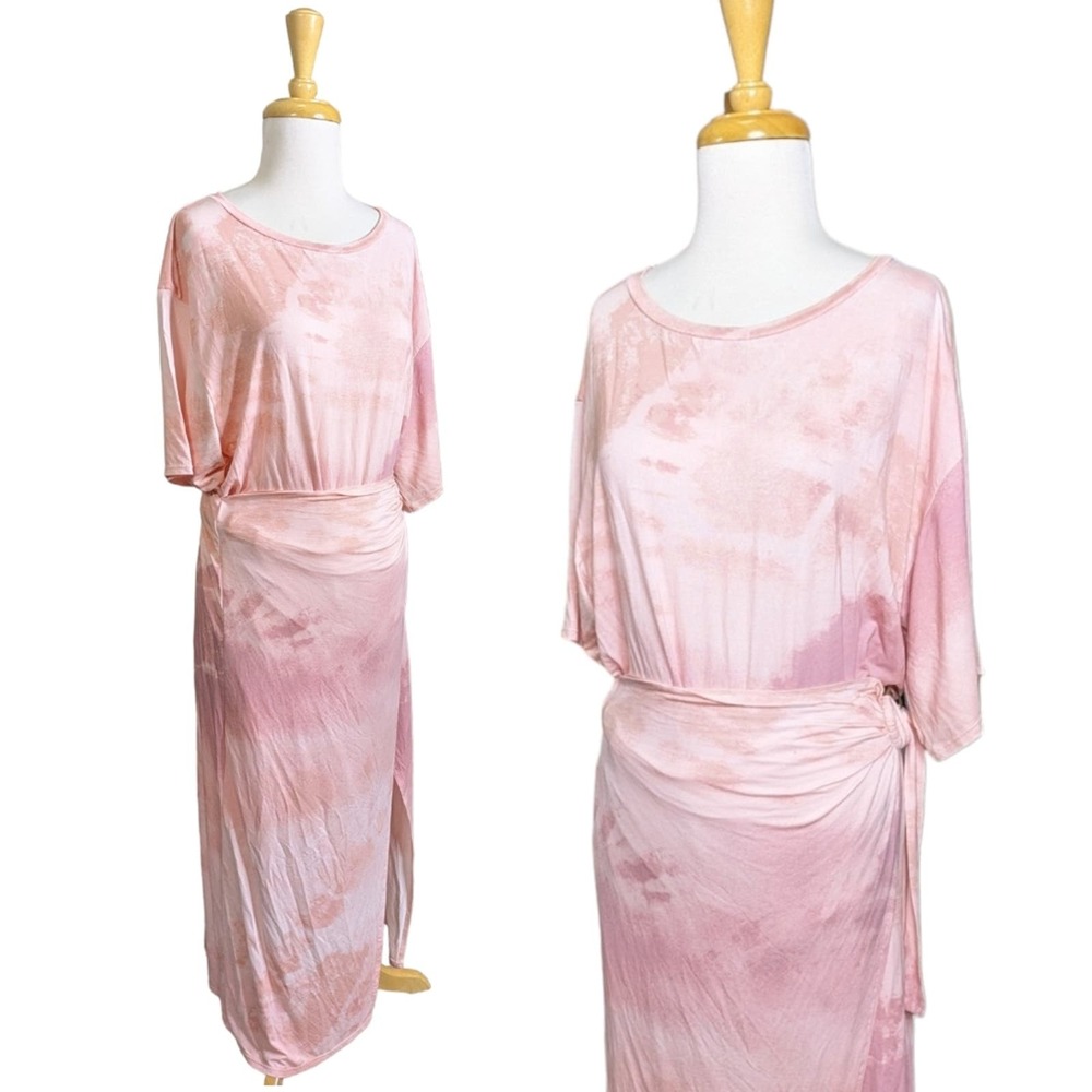 Free People Alyssa Maxi Wrap Dress Medium Pink Tie Dye Leg Slit Adjustable Ring